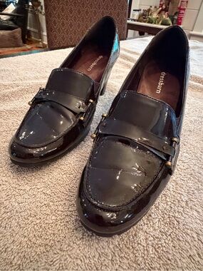 dressbarn Dark Brown Patent Chunky Heel Loafers with Gold Accent